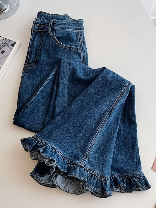 Ruffle Hem Flared Denim Jeans High Waist Casual Daily Wear All Season Women's Pants Trousers