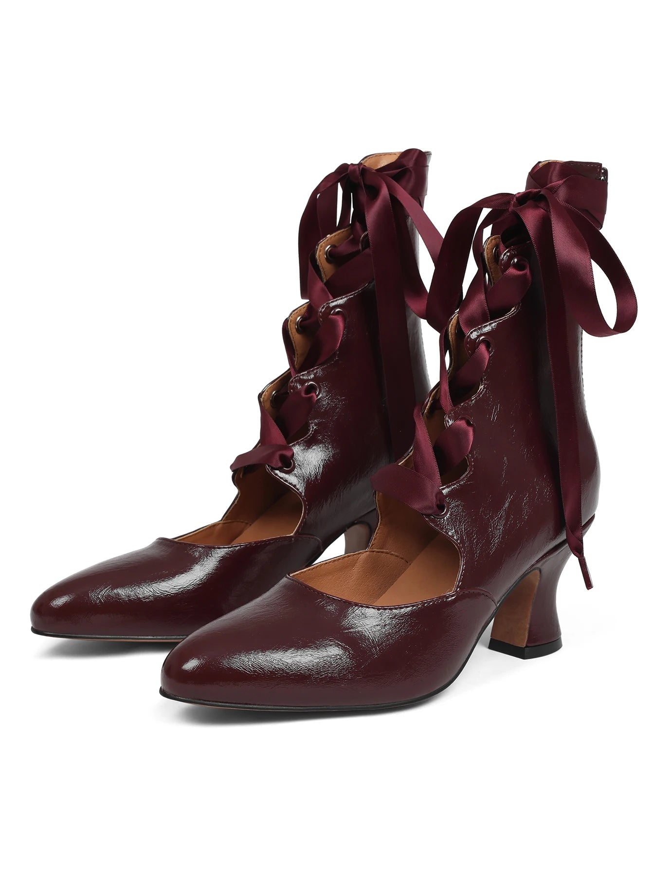 Gothic Lace Up High Heels For Women Satin Ribbon Vintage Heels Elegant Mid Heel Pumps Kitten Heel Back Zipper Pointed Toe For Party