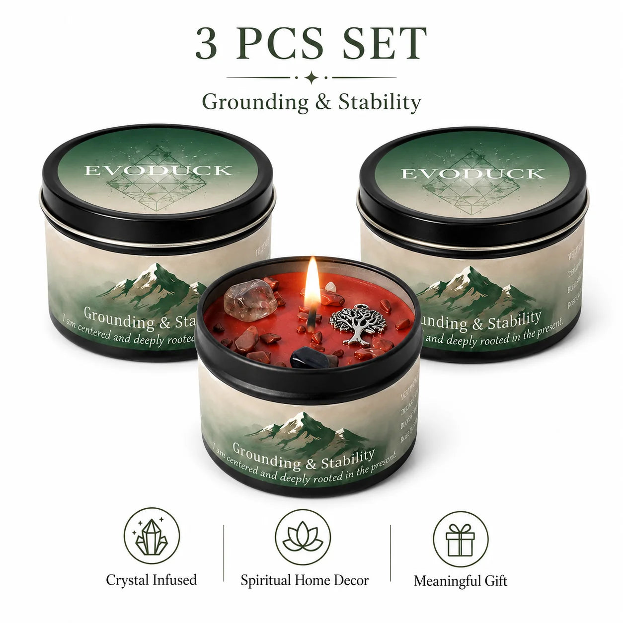 3Pcs Grounding & Stability Crystal Intention Scented Candle Set, Vetiver & Cedarwood Scented Soy Candles with Red Jasper & Smoky Quartz, Root Chakra Anxiety Relief Aromatherapy Tin Candles, Forest Woodsy Fall Autumn Housewarm
