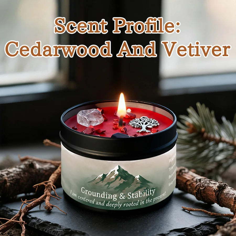 3Pcs Grounding & Stability Crystal Intention Scented Candle Set, Vetiver & Cedarwood Scented Soy Candles with Red Jasper & Smoky Quartz, Root Chakra Anxiety Relief Aromatherapy Tin Candles, Forest Woodsy Fall Autumn Housewarm