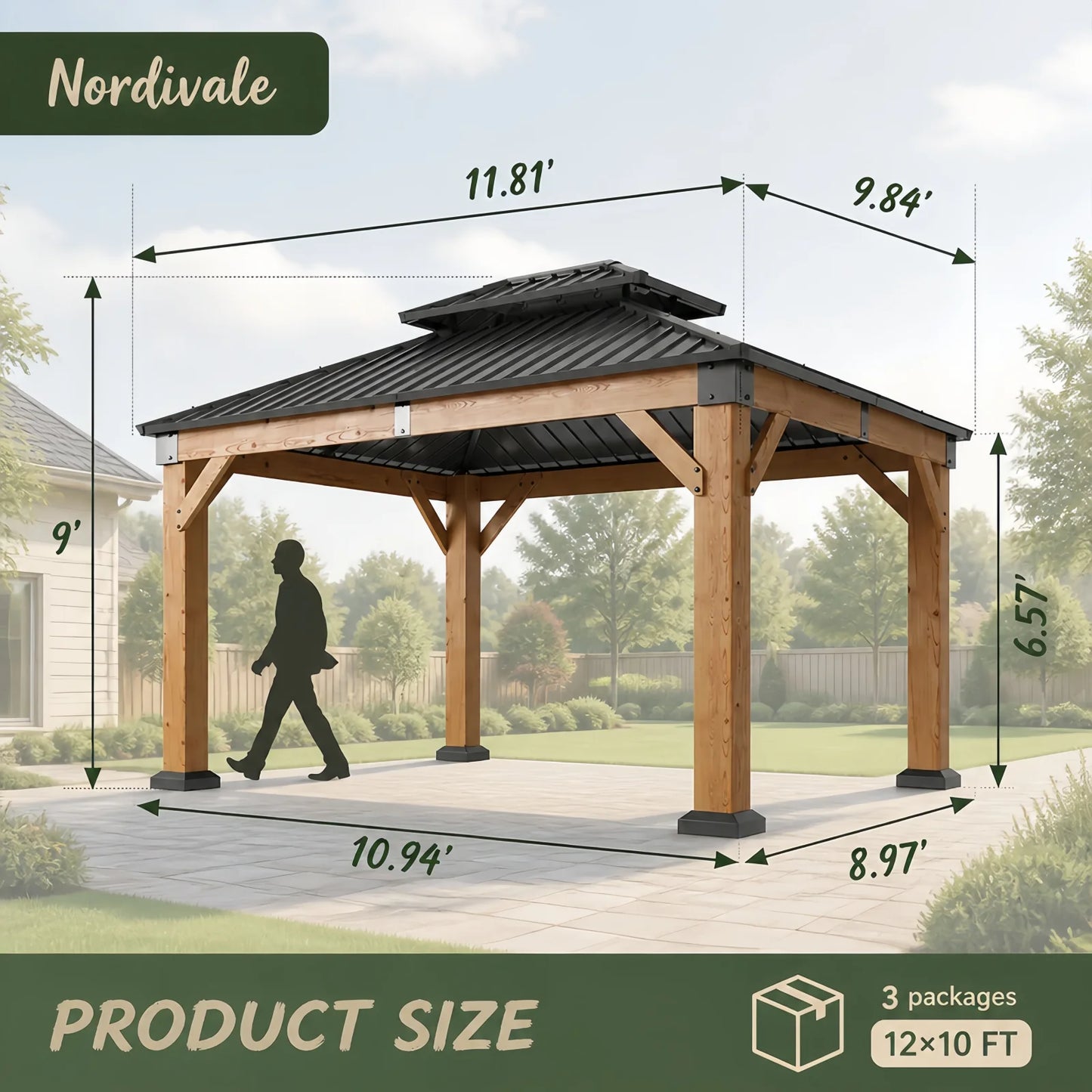 Nordivale 10x12FT Cedar Wood Hardtop Gazebo Permanent Wooden Pavilion Galvanized Steel Double Roof Outdoor Canopy for Patio Garden Deck Natural
