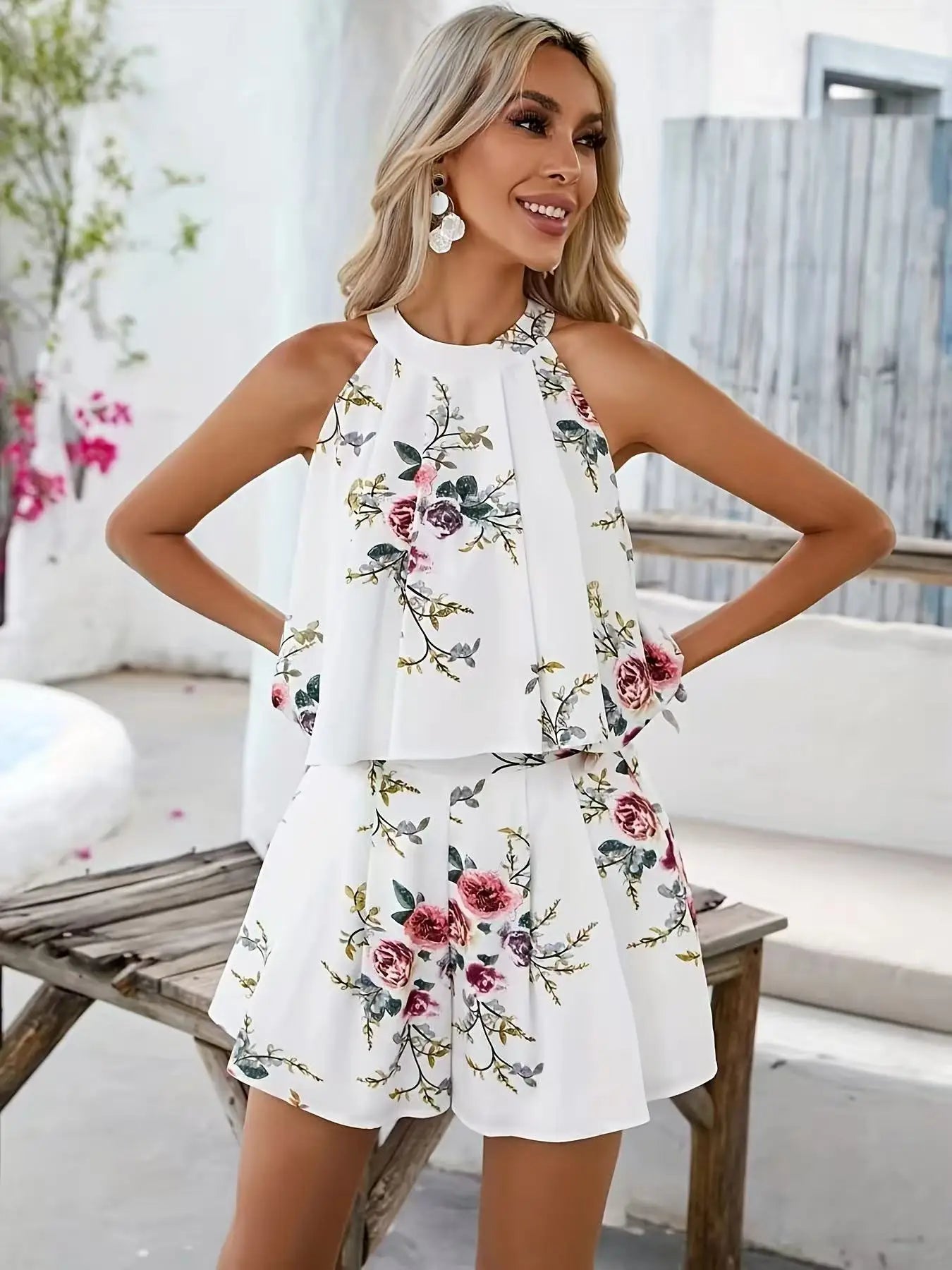 Women Halter Floral Romper Sleeveless Back Tie Chiffon Playsuit 2026 Summer New White Rose Print High Waist Flowy Short Jumpsuit Beach Vacation Casual Boho Outfit For USA Women