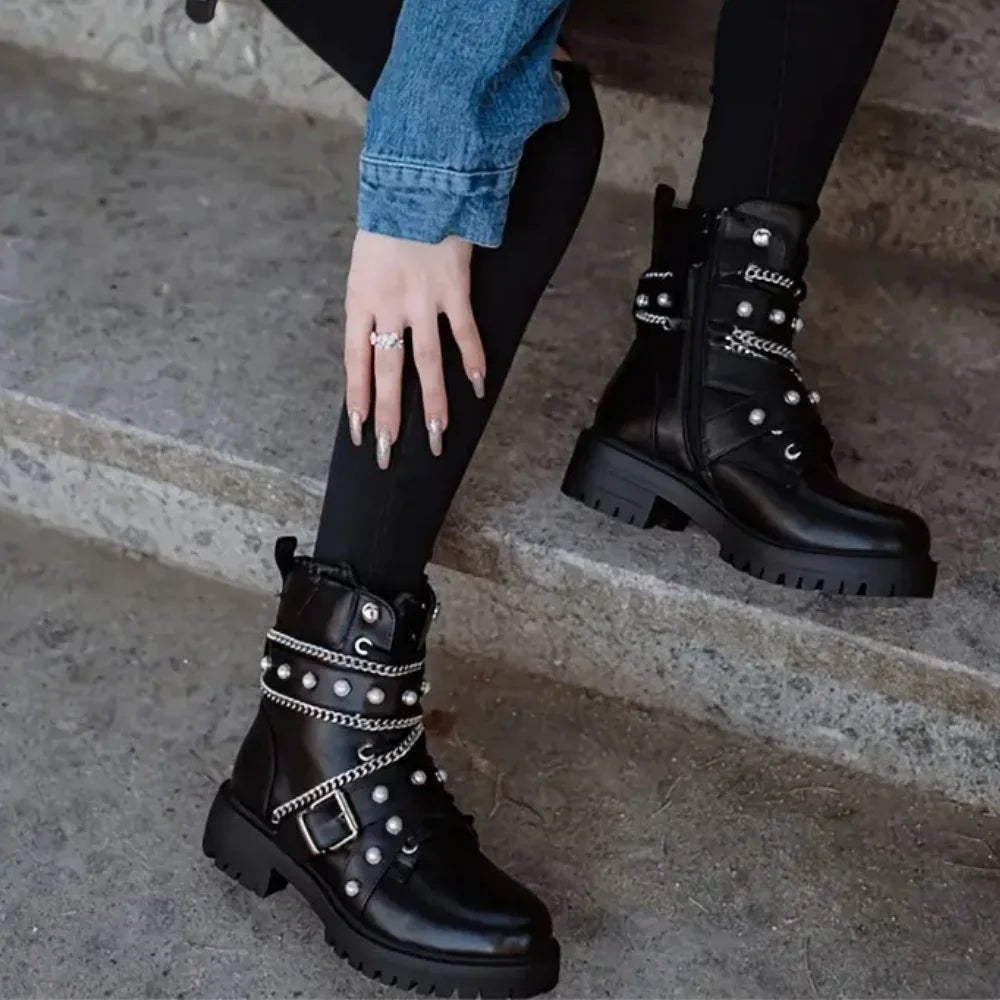 Women's Y2k Gothic Black Punk Lace Up Combat Boots Fashion Chain Rivet Decoration Motorcycle Ankle Boots