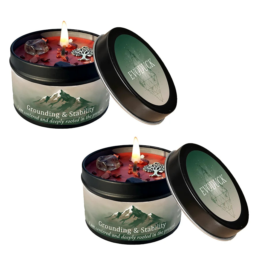 3Pcs Grounding & Stability Crystal Intention Scented Candle Set, Vetiver & Cedarwood Scented Soy Candles with Red Jasper & Smoky Quartz, Root Chakra Anxiety Relief Aromatherapy Tin Candles, Forest Woodsy Fall Autumn Housewarm