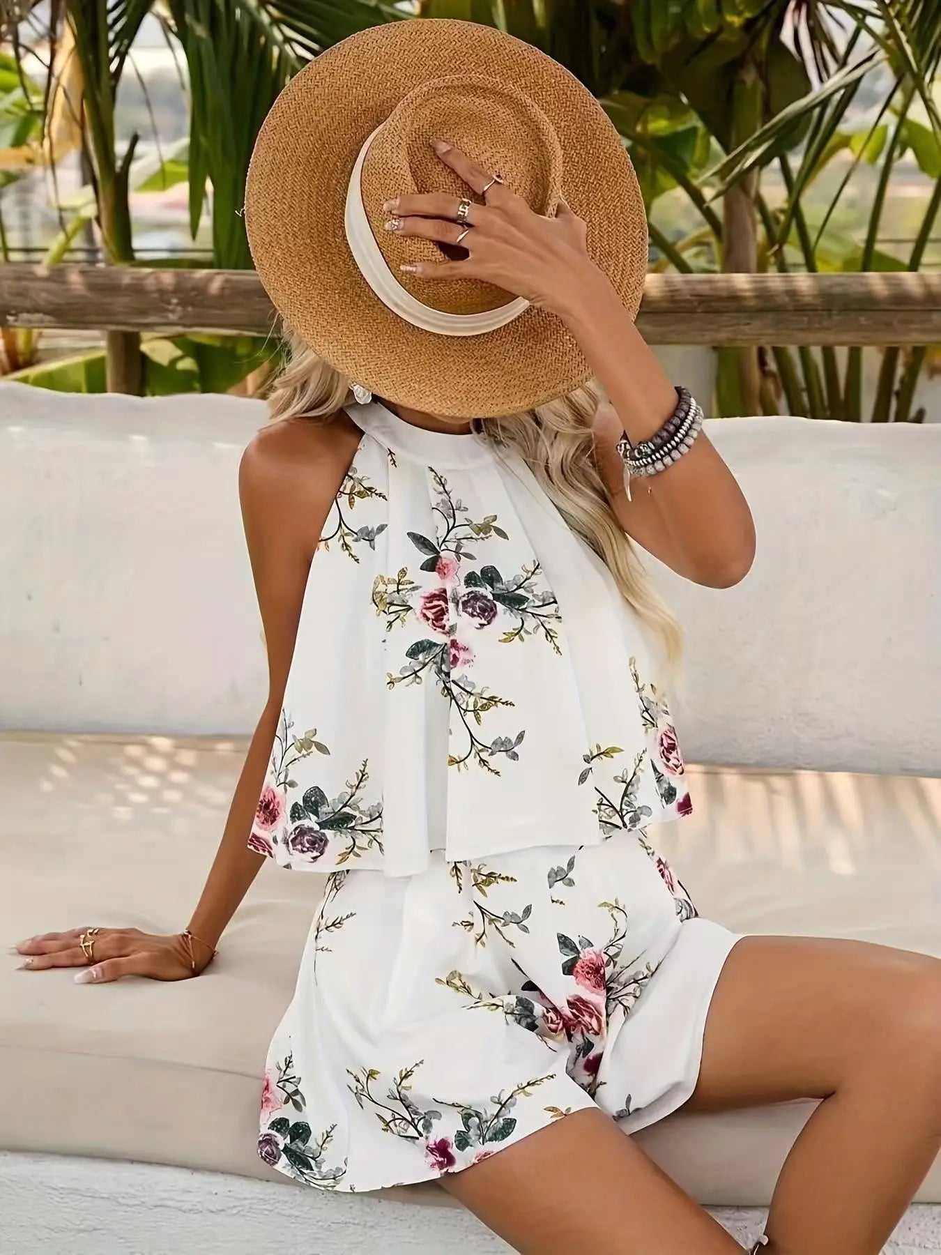 Women Halter Floral Romper Sleeveless Back Tie Chiffon Playsuit 2026 Summer New White Rose Print High Waist Flowy Short Jumpsuit Beach Vacation Casual Boho Outfit For USA Women