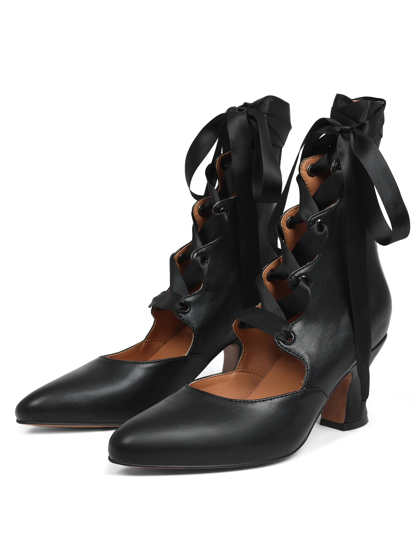 Gothic Lace Up High Heels For Women Satin Ribbon Vintage Heels Elegant Mid Heel Pumps Kitten Heel Back Zipper Pointed Toe For Party
