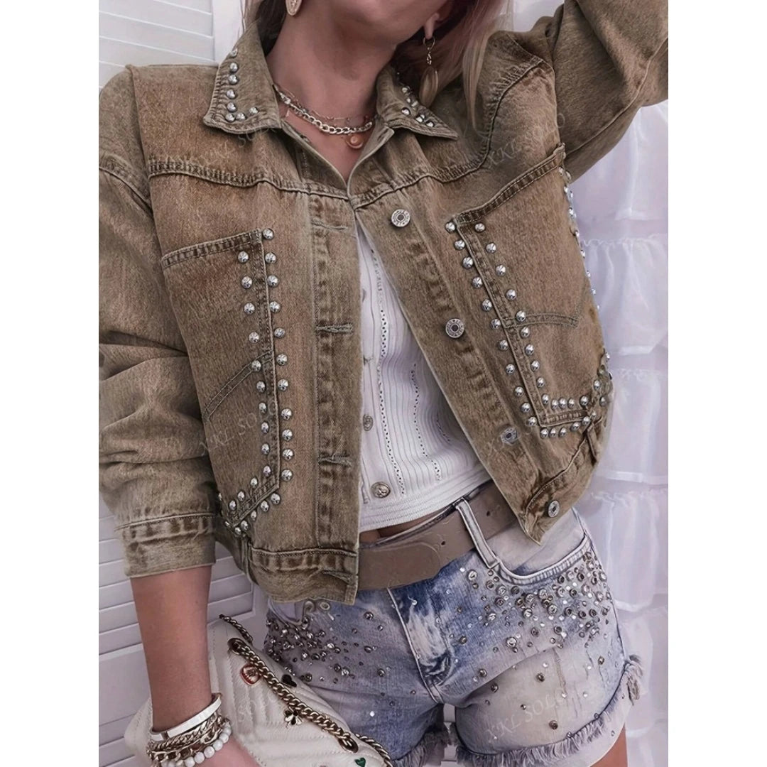 Women Vintage Khaki Studded Cropped Denim Jacket 2026 New Rivet Embellished Button Down Long Sleeve Distressed Jean Coat Oversized Casual Streetwear Outerwear