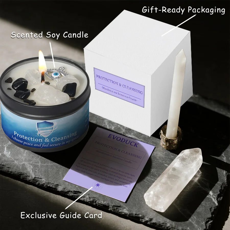 3Pcs Protection & Cleansing Crystal Intention Scented Candle Set, White Sage & Frankincense Scented Soy Candles with Black Tourmaline & Evil Eye Charm, Negative Energy Clearing Aromatherapy Tin Candles, Halloween Witchy House