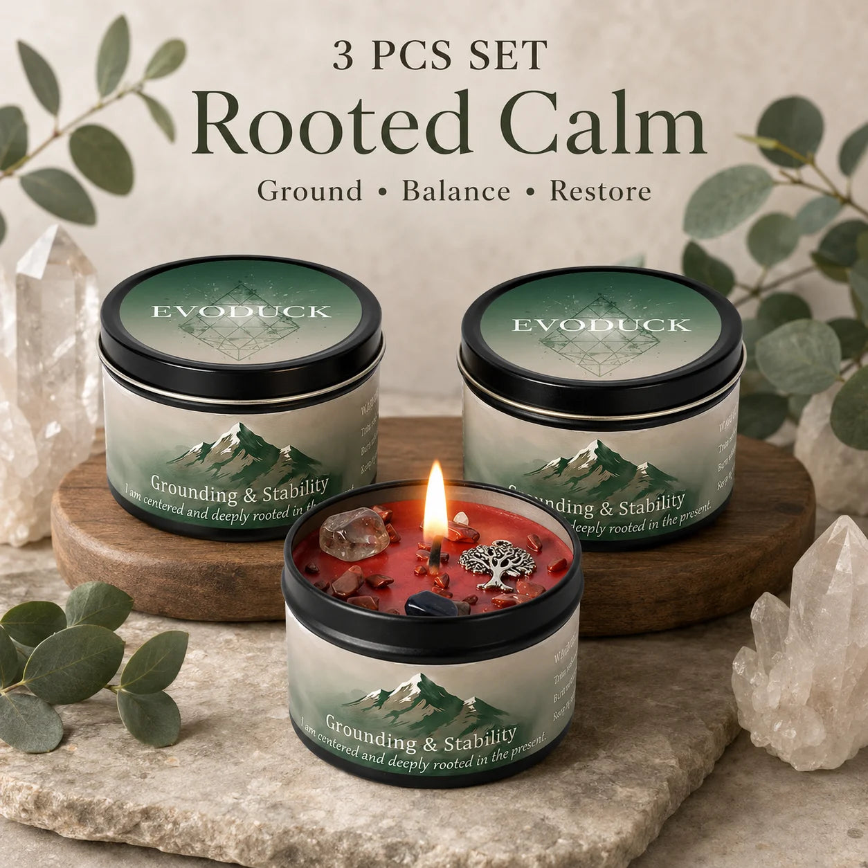 3Pcs Grounding & Stability Crystal Intention Scented Candle Set, Vetiver & Cedarwood Scented Soy Candles with Red Jasper & Smoky Quartz, Root Chakra Anxiety Relief Aromatherapy Tin Candles, Forest Woodsy Fall Autumn Housewarm