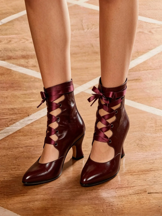 Gothic Lace Up High Heels For Women Satin Ribbon Vintage Heels Elegant Mid Heel Pumps Kitten Heel Back Zipper Pointed Toe For Party