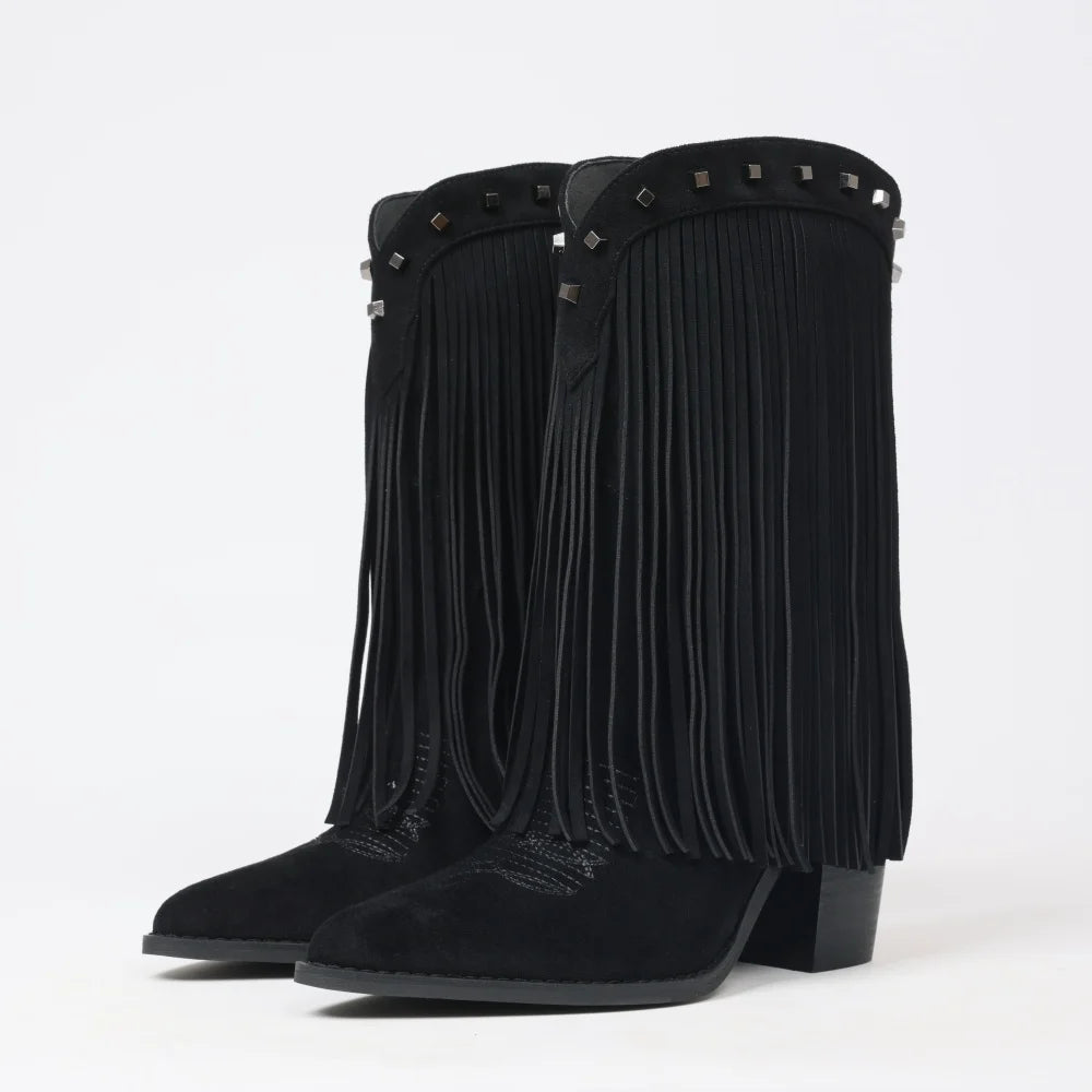 Fringe Cowgirl Boots for Women Mid Calf Riding Cowboy Tassel Boots with Pointed Toe and Chunky Heel Country Retro Boots