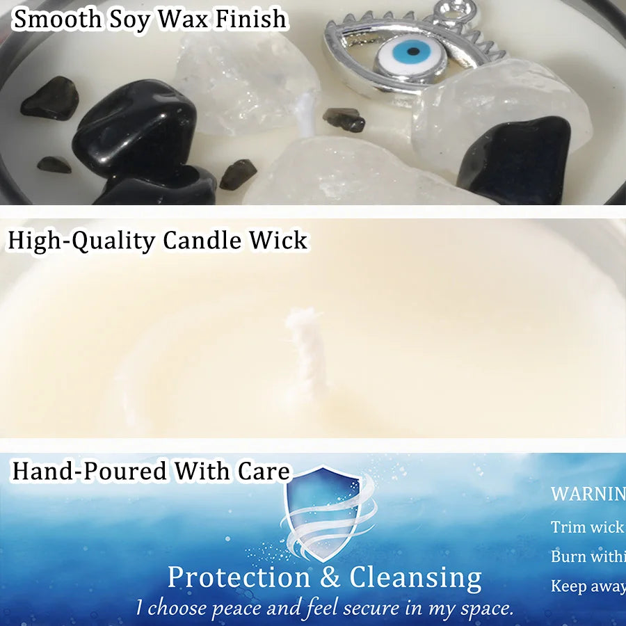 3Pcs Protection & Cleansing Crystal Intention Scented Candle Set, White Sage & Frankincense Scented Soy Candles with Black Tourmaline & Evil Eye Charm, Negative Energy Clearing Aromatherapy Tin Candles, Halloween Witchy House