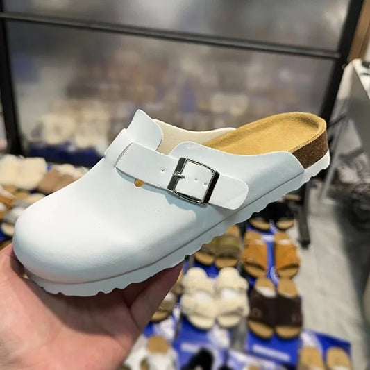Suede Cork Footbed Clogs with Adjustable Buckle