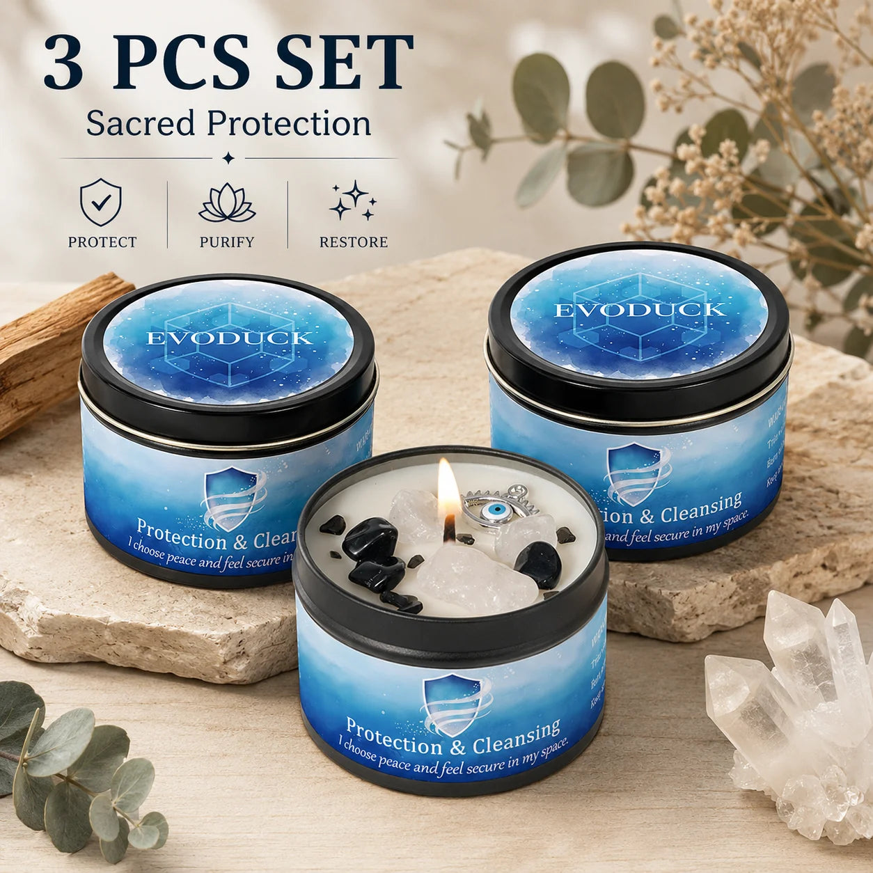3Pcs Protection & Cleansing Crystal Intention Scented Candle Set, White Sage & Frankincense Scented Soy Candles with Black Tourmaline & Evil Eye Charm, Negative Energy Clearing Aromatherapy Tin Candles, Halloween Witchy House