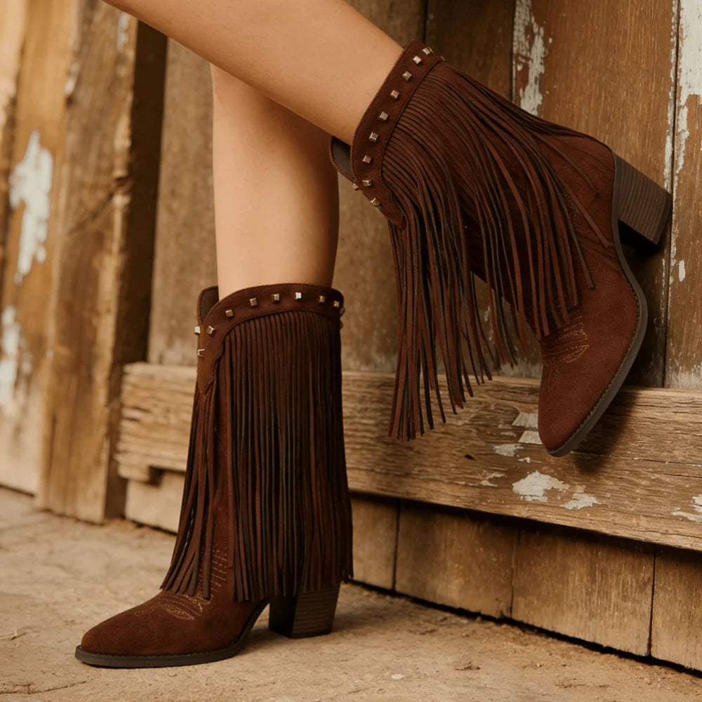 Fringe Cowgirl Boots for Women Mid Calf Riding Cowboy Tassel Boots with Pointed Toe and Chunky Heel Country Retro Boots