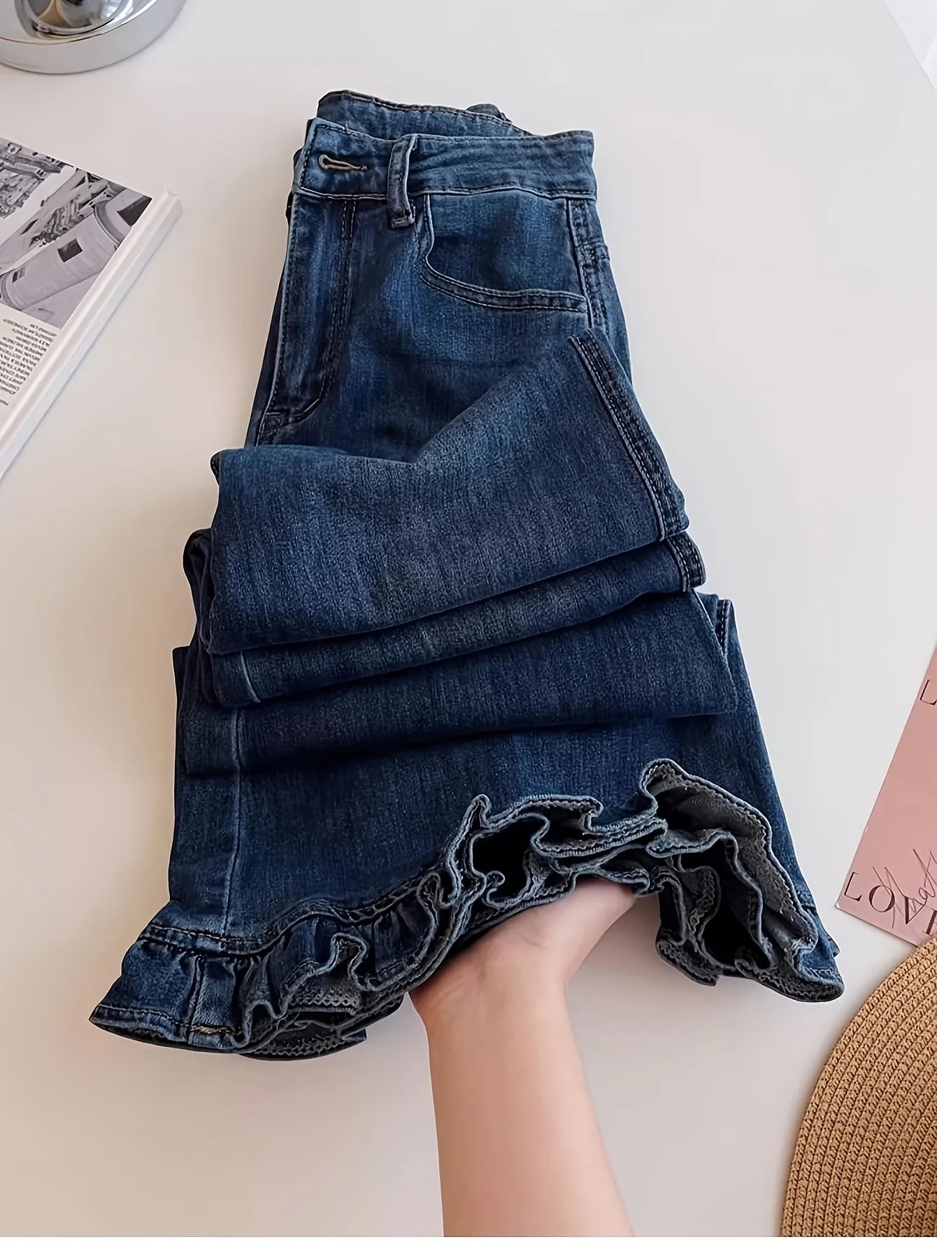 Ruffle Hem Flared Denim Jeans High Waist Casual Daily Wear All Season Women's Pants Trousers