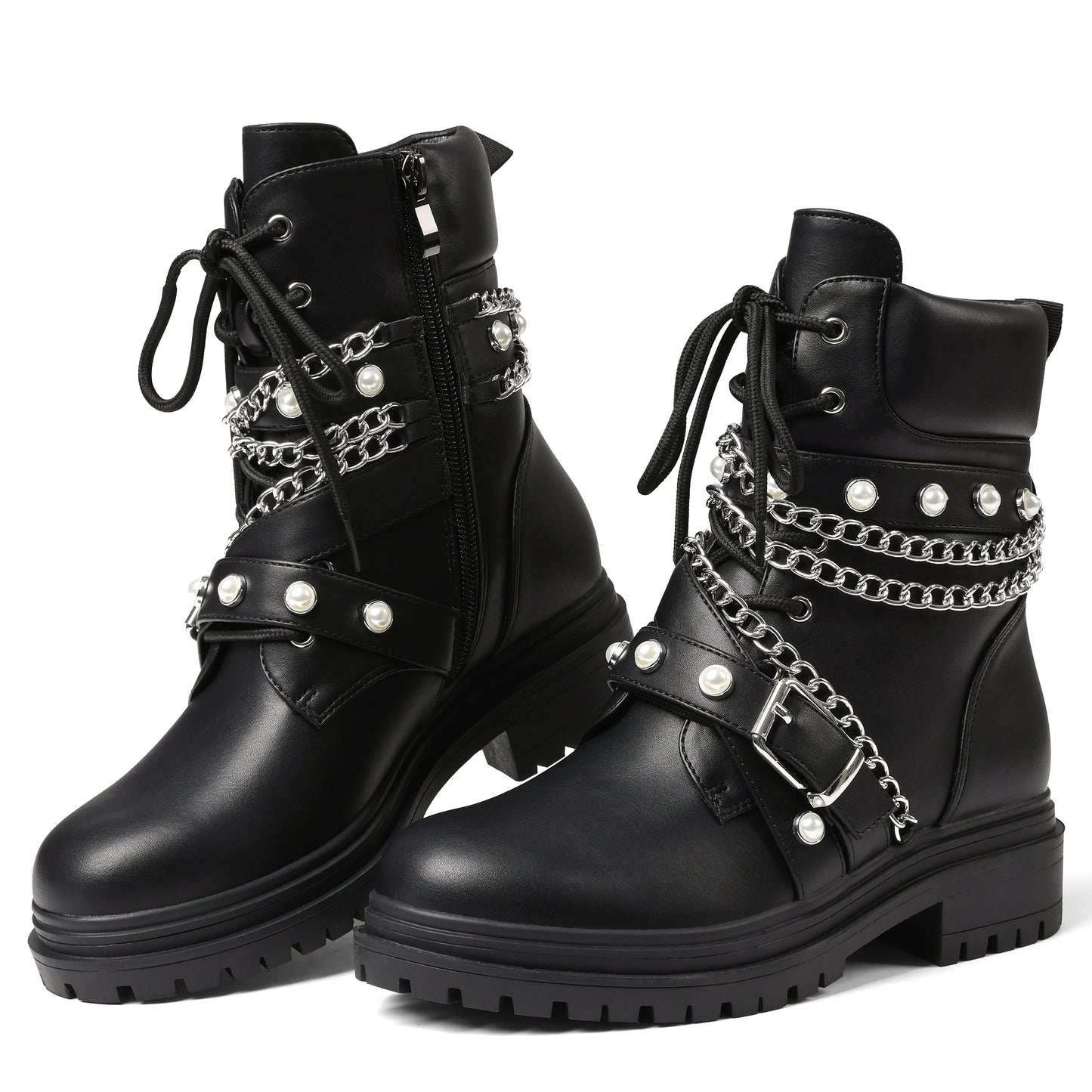 Women's Y2k Gothic Black Punk Lace Up Combat Boots Fashion Chain Rivet Decoration Motorcycle Ankle Boots