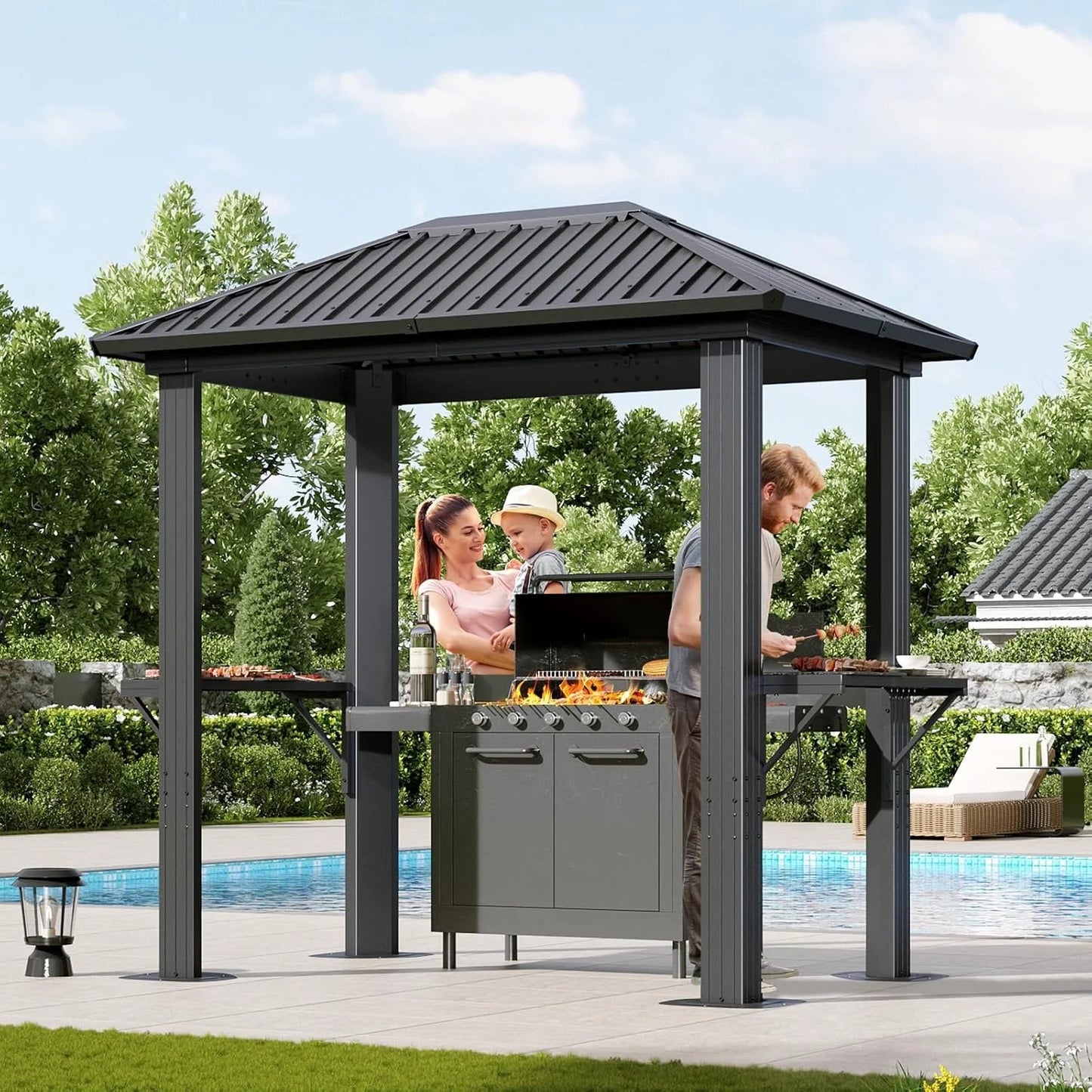 Nordivale 8x5FT Hardtop Gazebo Outdoor Metal Grill Pavilion Permanent BBQ Shelter with Galvanized Steel Roof and Shelves for Lawn Garden Patio Backyard Black Gray