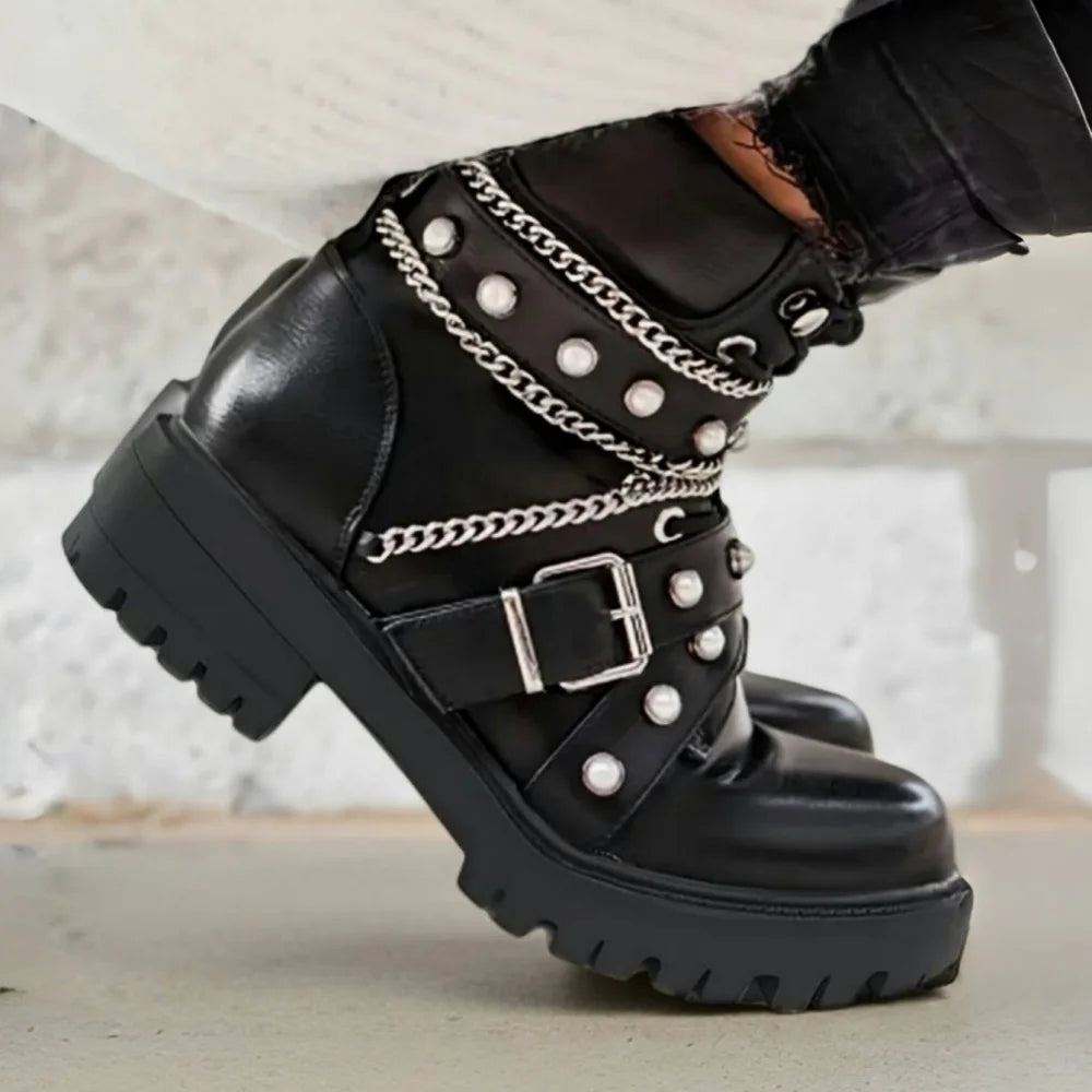 Women's Y2k Gothic Black Punk Lace Up Combat Boots Fashion Chain Rivet Decoration Motorcycle Ankle Boots