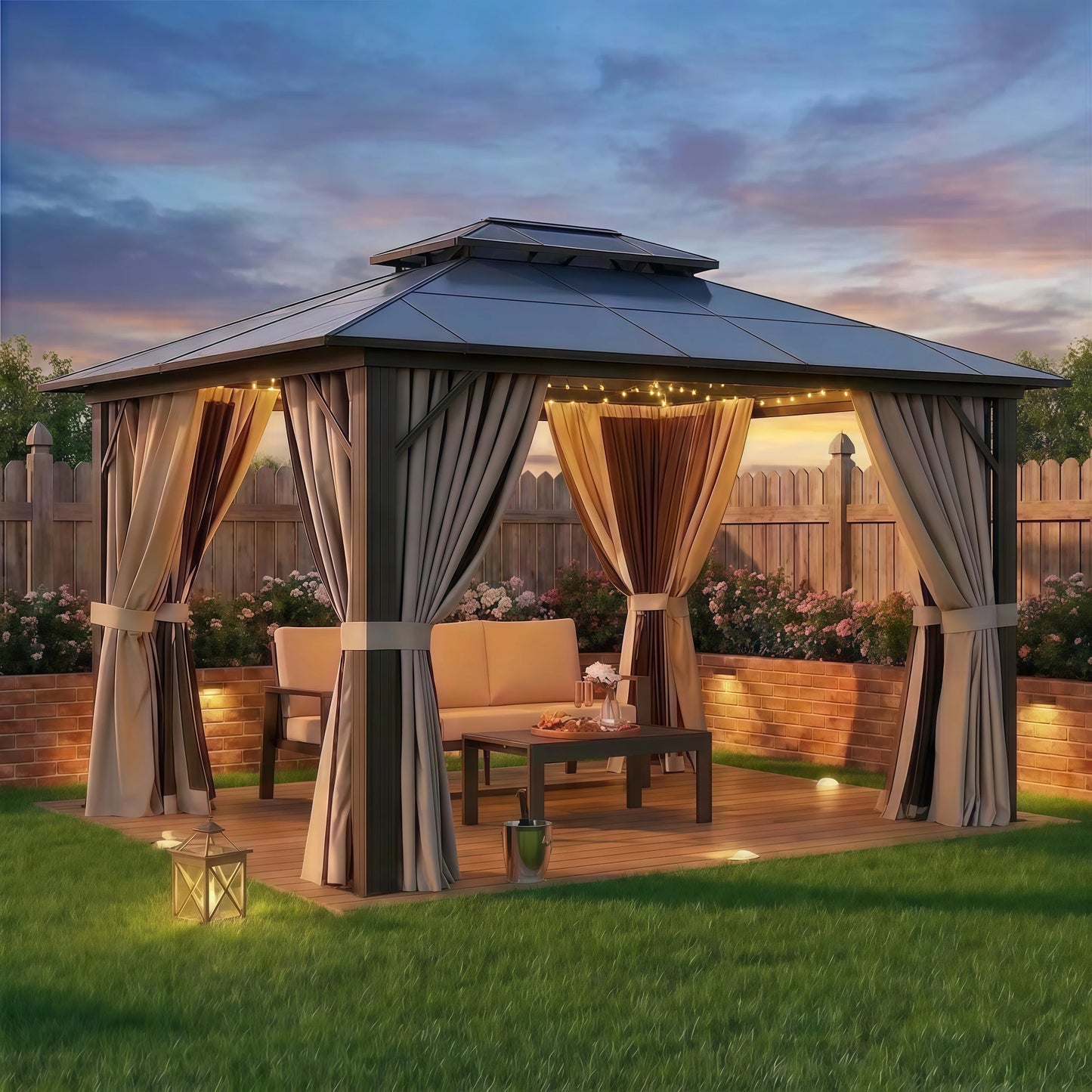 Nordivale 10x12FT Hardtop Gazebo Permanent Aluminum Frame Pavilion with Curtains and Netting Polycarbonate Double Roof Outdoor Canopy for Patio Garden Lawn