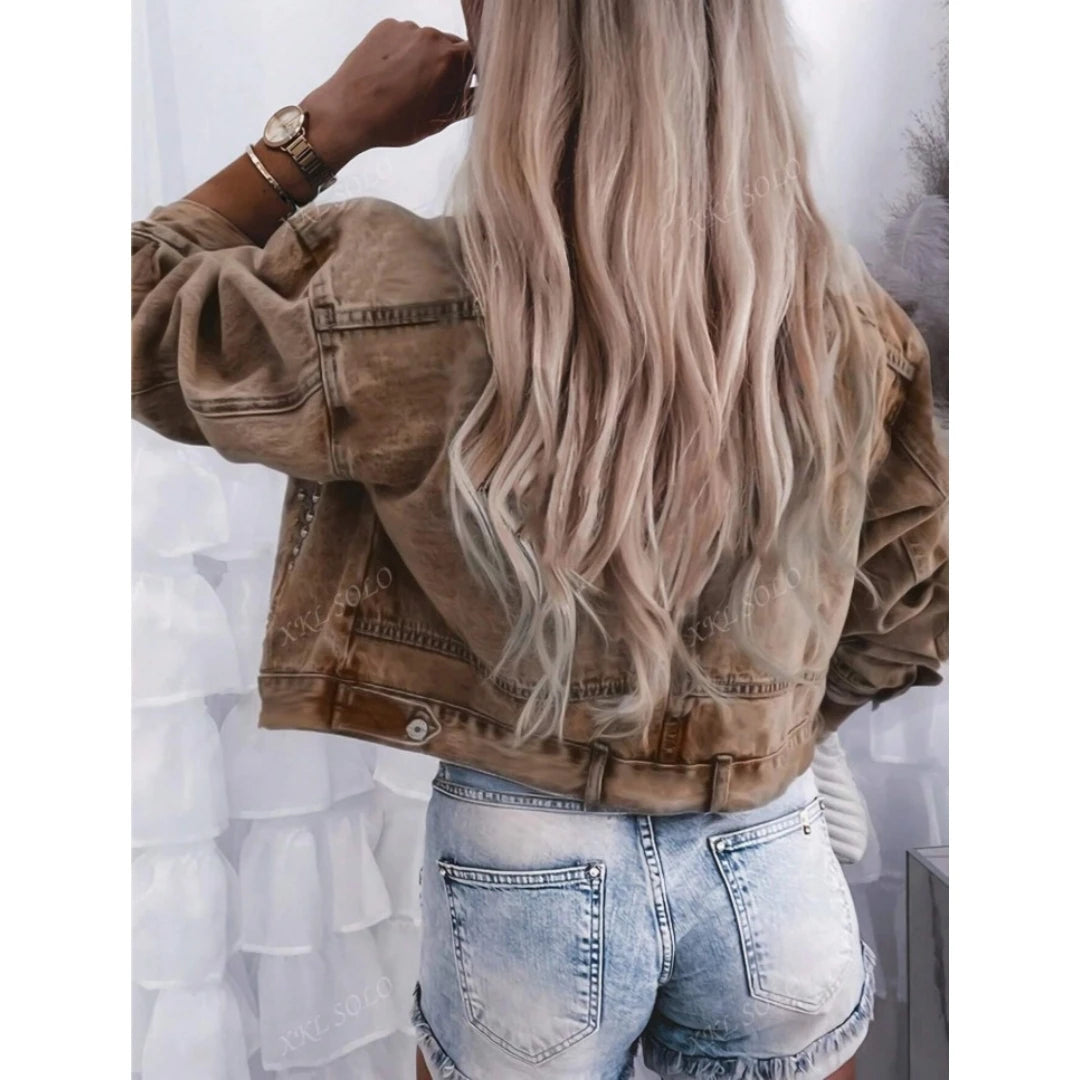 Women Vintage Khaki Studded Cropped Denim Jacket 2026 New Rivet Embellished Button Down Long Sleeve Distressed Jean Coat Oversized Casual Streetwear Outerwear