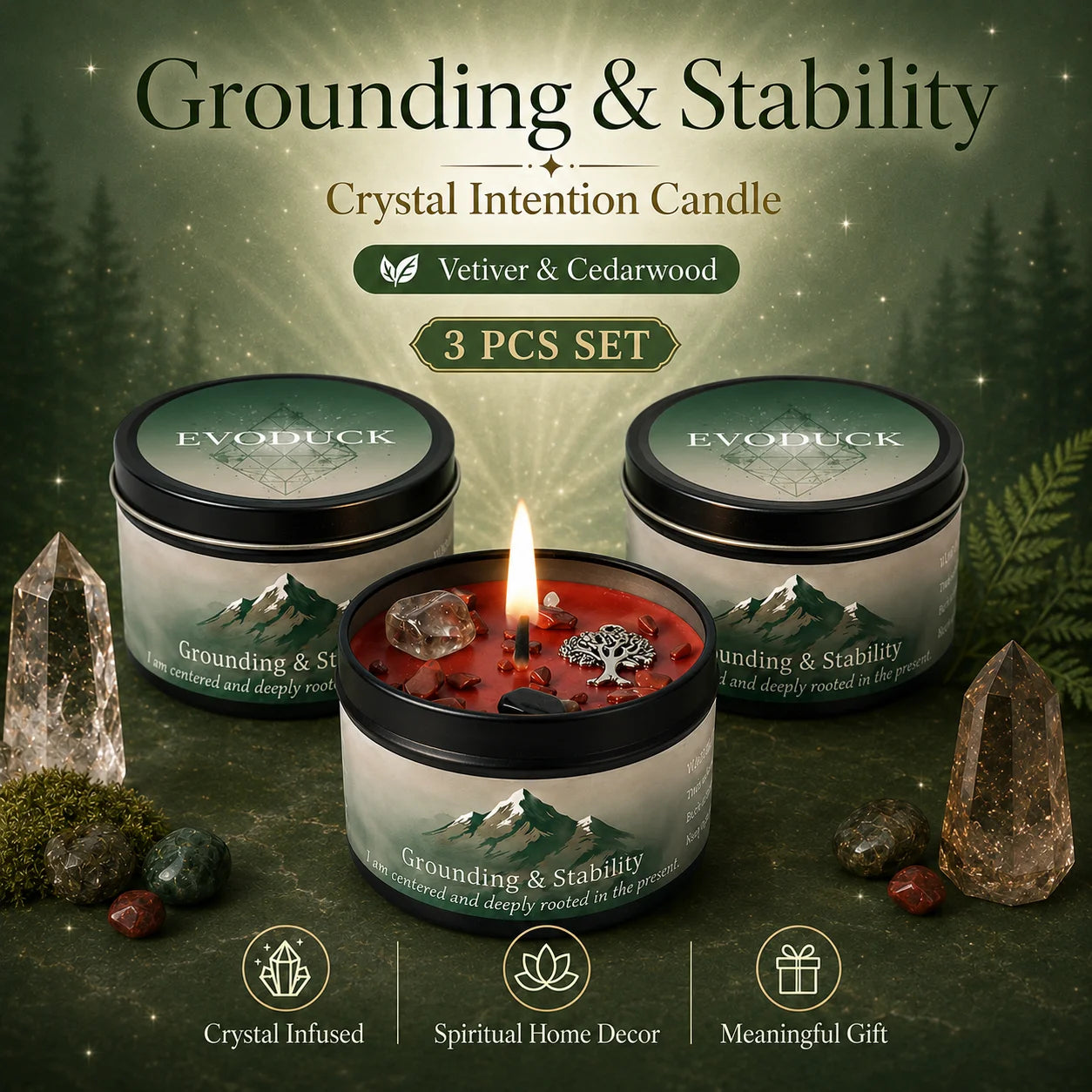 3Pcs Grounding & Stability Crystal Intention Scented Candle Set, Vetiver & Cedarwood Scented Soy Candles with Red Jasper & Smoky Quartz, Root Chakra Anxiety Relief Aromatherapy Tin Candles, Forest Woodsy Fall Autumn Housewarm