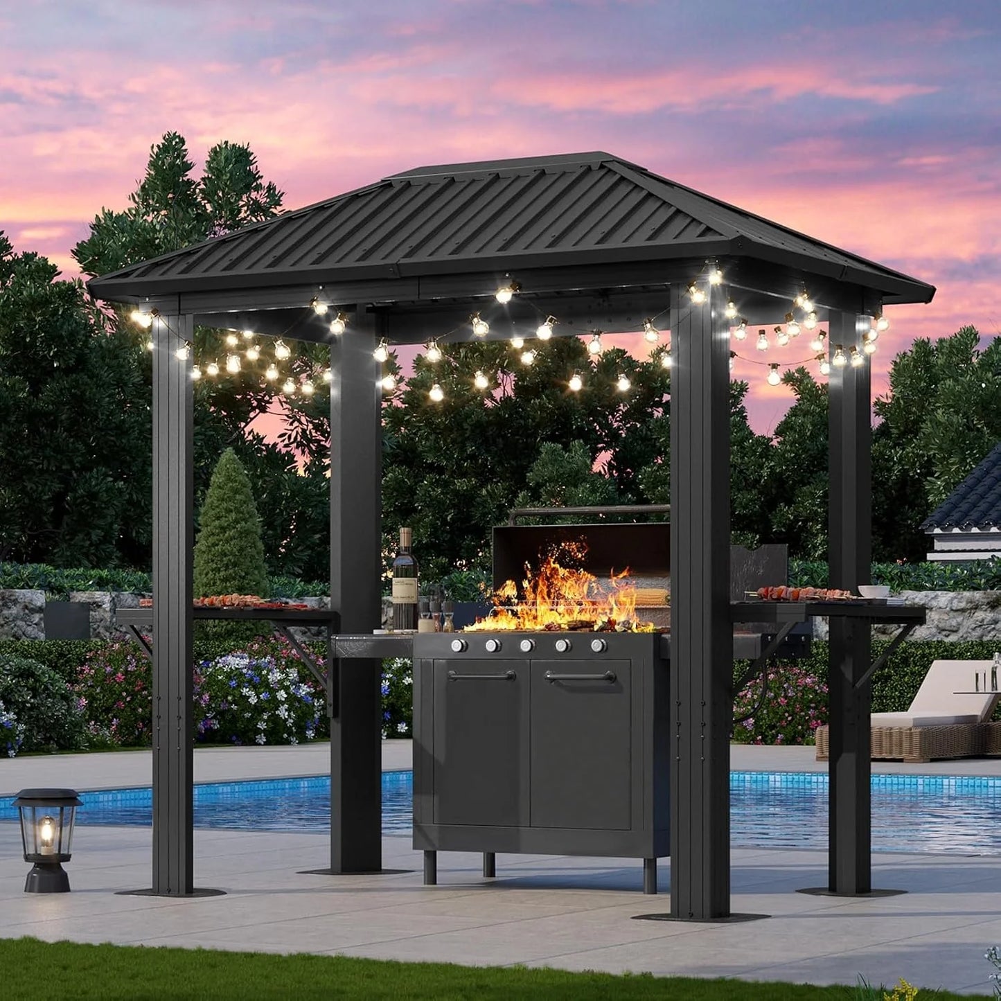 Nordivale 8x5FT Hardtop Gazebo Outdoor Metal Grill Pavilion Permanent BBQ Shelter with Galvanized Steel Roof and Shelves for Lawn Garden Patio Backyard Black Gray