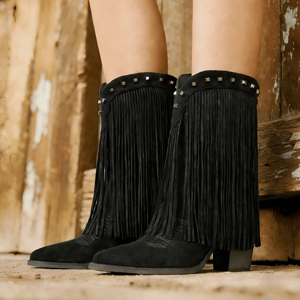 Fringe Cowgirl Boots for Women Mid Calf Riding Cowboy Tassel Boots with Pointed Toe and Chunky Heel Country Retro Boots