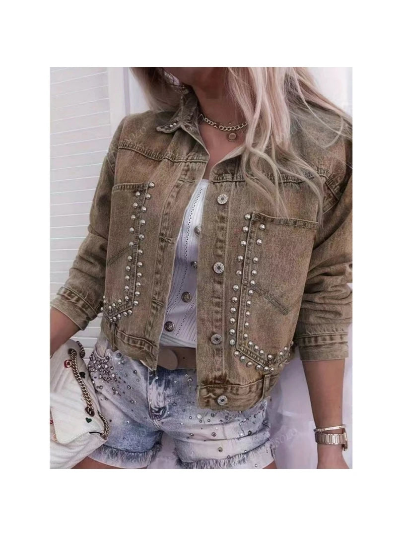 Women Vintage Khaki Studded Cropped Denim Jacket 2026 New Rivet Embellished Button Down Long Sleeve Distressed Jean Coat Oversized Casual Streetwear Outerwear