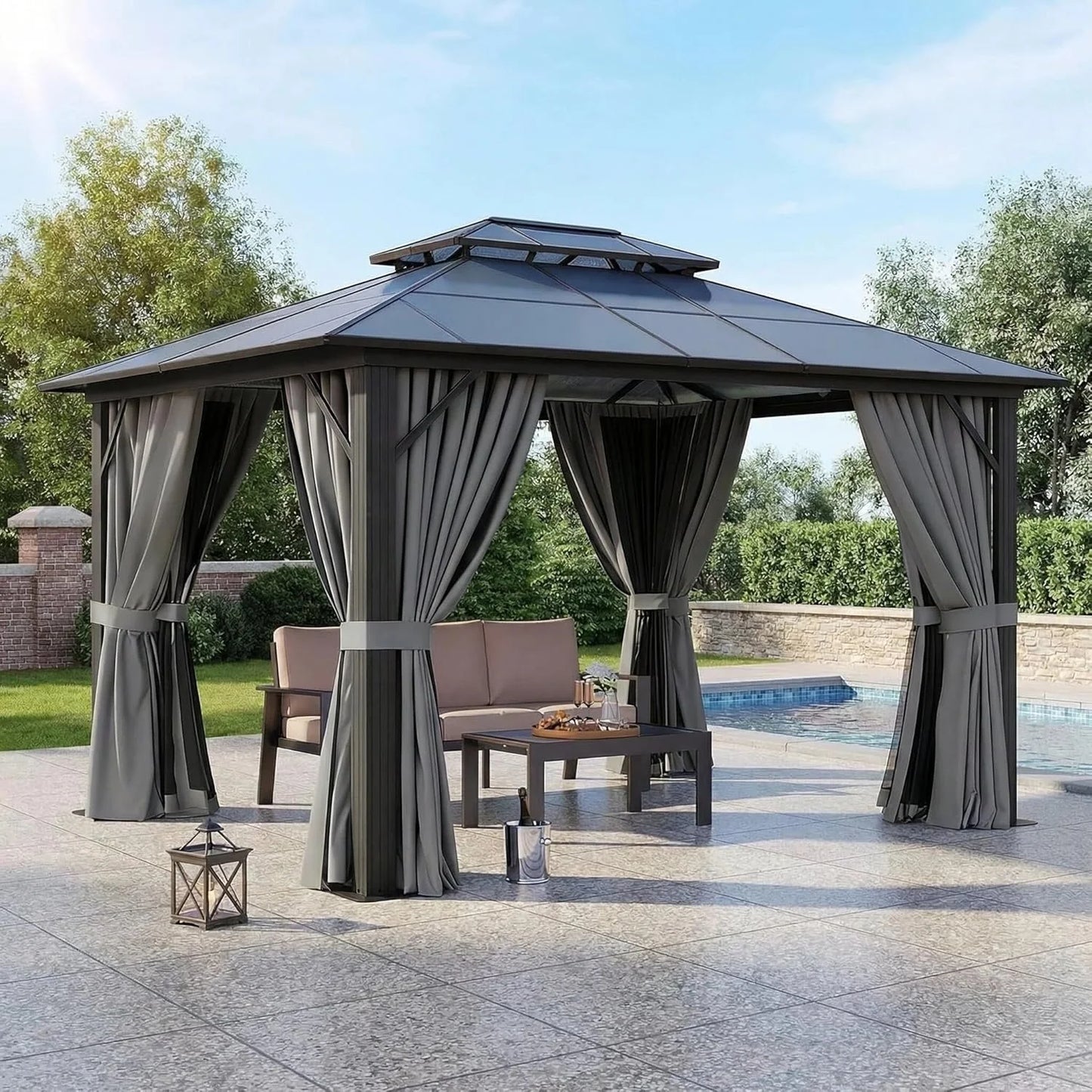 Nordivale 10x12FT Hardtop Gazebo Permanent Aluminum Frame Pavilion with Curtains and Netting Polycarbonate Double Roof Outdoor Canopy for Patio Garden Lawn