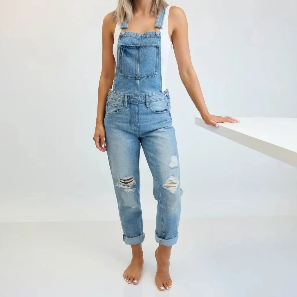 Women Ripped Denim Overalls Adjustable Strap Bib Overall Jeans Distressed Roll Cuff Casual Jumpsuit Vintage Loose Fit Pocket Workwear Streetwear Daily Vacation Denim Pants