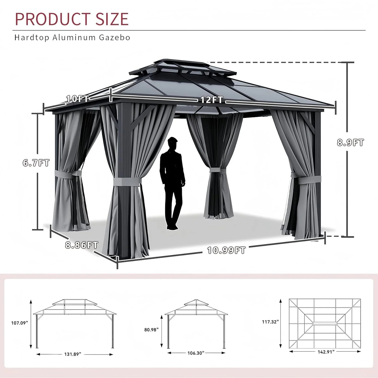 Nordivale 10x12FT Hardtop Gazebo Permanent Aluminum Frame Pavilion with Curtains and Netting Polycarbonate Double Roof Outdoor Canopy for Patio Garden Lawn
