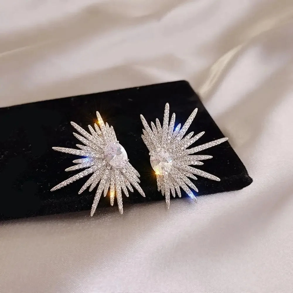 Korean Silver Rhinestone Dangle Earrings for Women, Bling Crystal Star Drop Earrings Party Jewelry