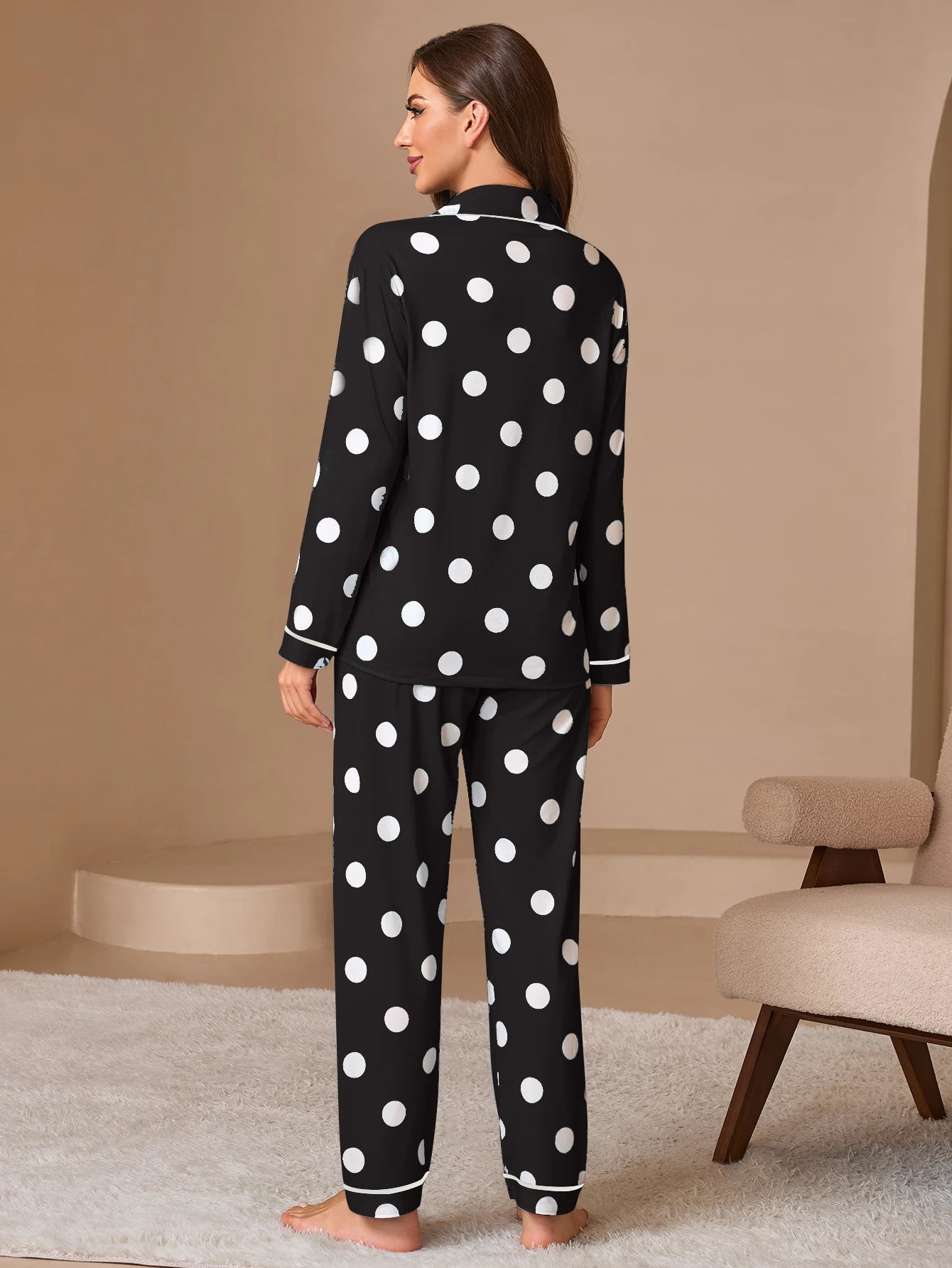 2PCS Womens Spot Print Pajama Sets Pj Set Cute Long Sleeve Button Down Shirt With Long Pants