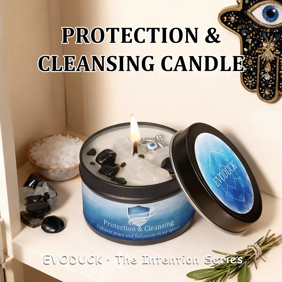 3Pcs Protection & Cleansing Crystal Intention Scented Candle Set, White Sage & Frankincense Scented Soy Candles with Black Tourmaline & Evil Eye Charm, Negative Energy Clearing Aromatherapy Tin Candles, Halloween Witchy House