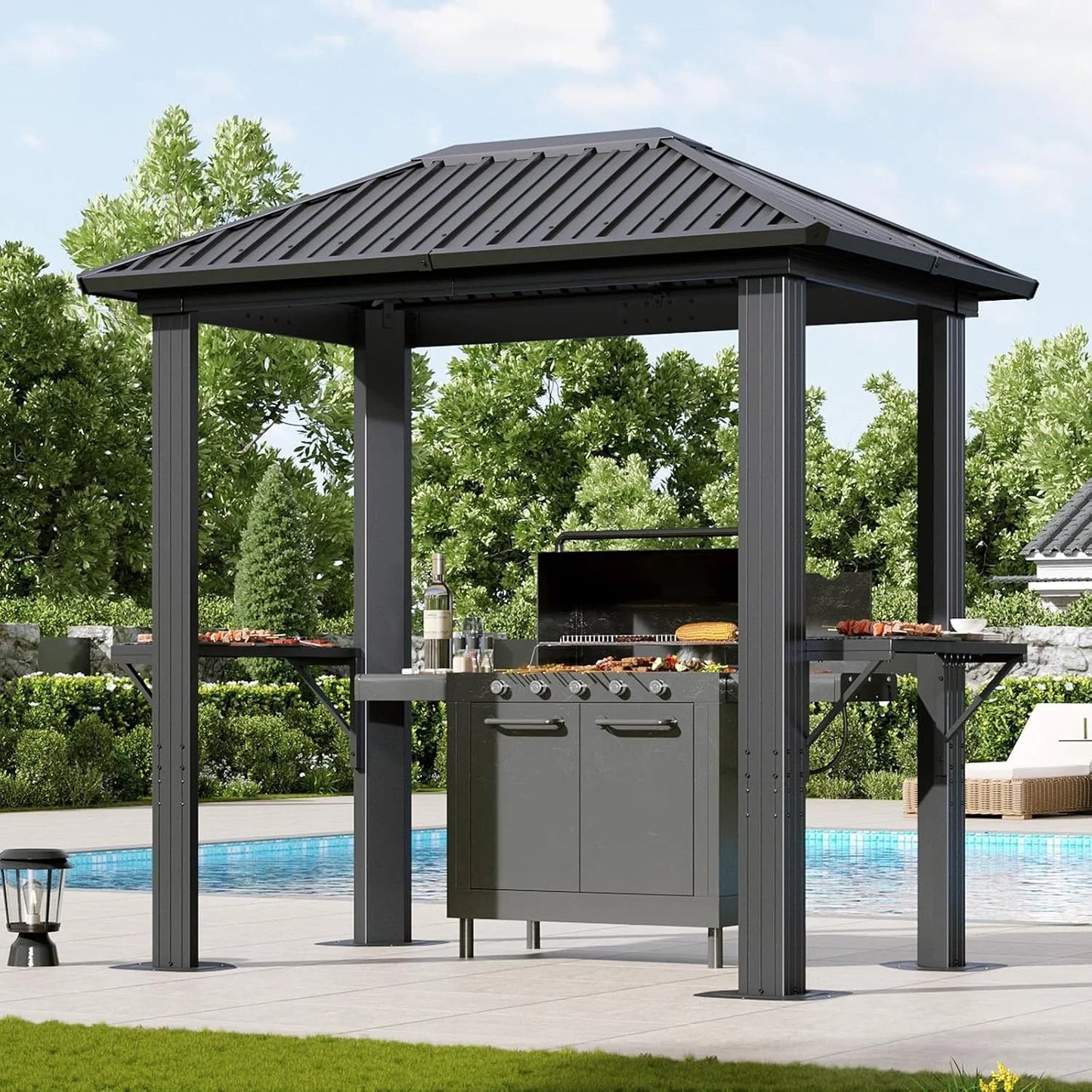 Nordivale 8x5FT Hardtop Gazebo Outdoor Metal Grill Pavilion Permanent BBQ Shelter with Galvanized Steel Roof and Shelves for Lawn Garden Patio Backyard Black Gray