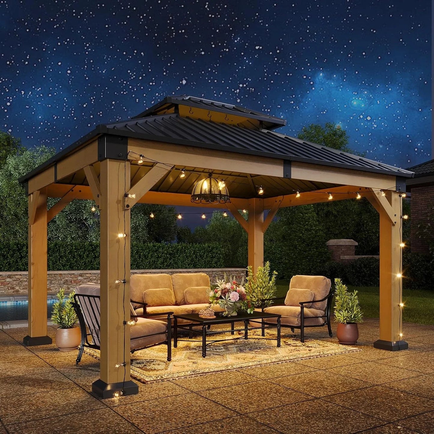 Nordivale 10x12FT Cedar Wood Hardtop Gazebo Permanent Wooden Pavilion Galvanized Steel Double Roof Outdoor Canopy for Patio Garden Deck Natural