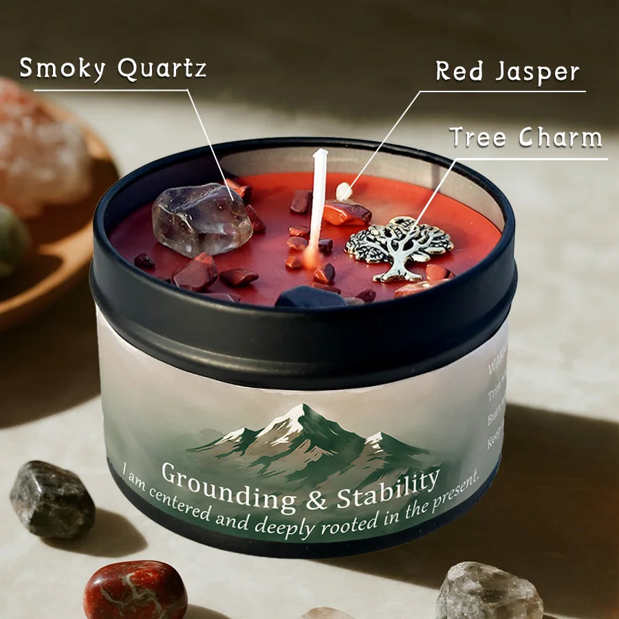 3Pcs Grounding & Stability Crystal Intention Scented Candle Set, Vetiver & Cedarwood Scented Soy Candles with Red Jasper & Smoky Quartz, Root Chakra Anxiety Relief Aromatherapy Tin Candles, Forest Woodsy Fall Autumn Housewarm
