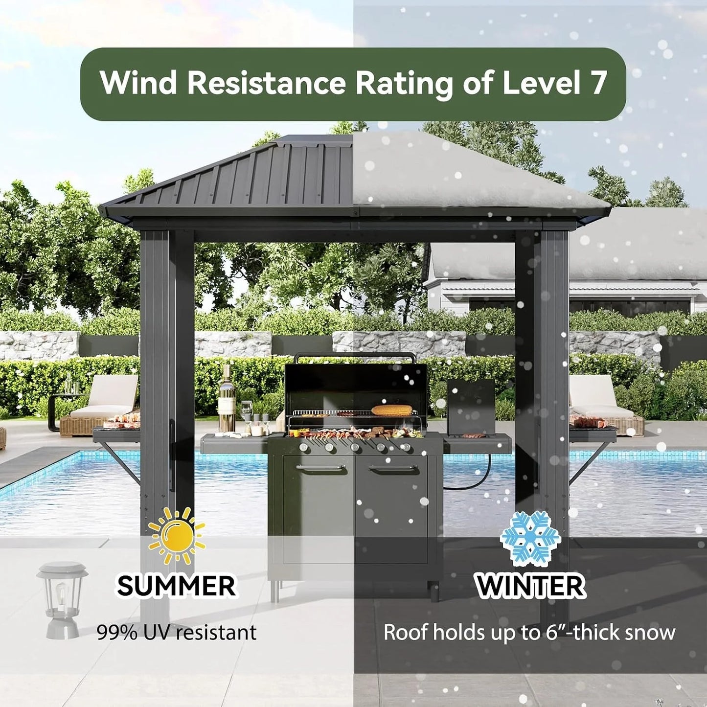 Nordivale 8x5FT Hardtop Gazebo Outdoor Metal Grill Pavilion Permanent BBQ Shelter with Galvanized Steel Roof and Shelves for Lawn Garden Patio Backyard Black Gray