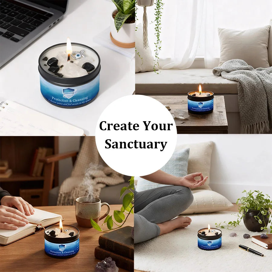3Pcs Protection & Cleansing Crystal Intention Scented Candle Set, White Sage & Frankincense Scented Soy Candles with Black Tourmaline & Evil Eye Charm, Negative Energy Clearing Aromatherapy Tin Candles, Halloween Witchy House