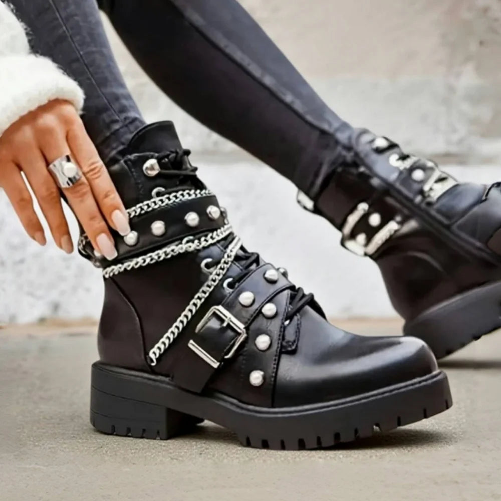 Women's Y2k Gothic Black Punk Lace Up Combat Boots Fashion Chain Rivet Decoration Motorcycle Ankle Boots