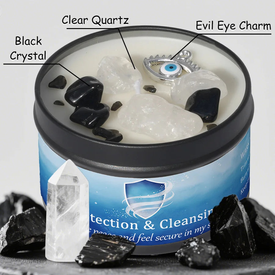 3Pcs Protection & Cleansing Crystal Intention Scented Candle Set, White Sage & Frankincense Scented Soy Candles with Black Tourmaline & Evil Eye Charm, Negative Energy Clearing Aromatherapy Tin Candles, Halloween Witchy House