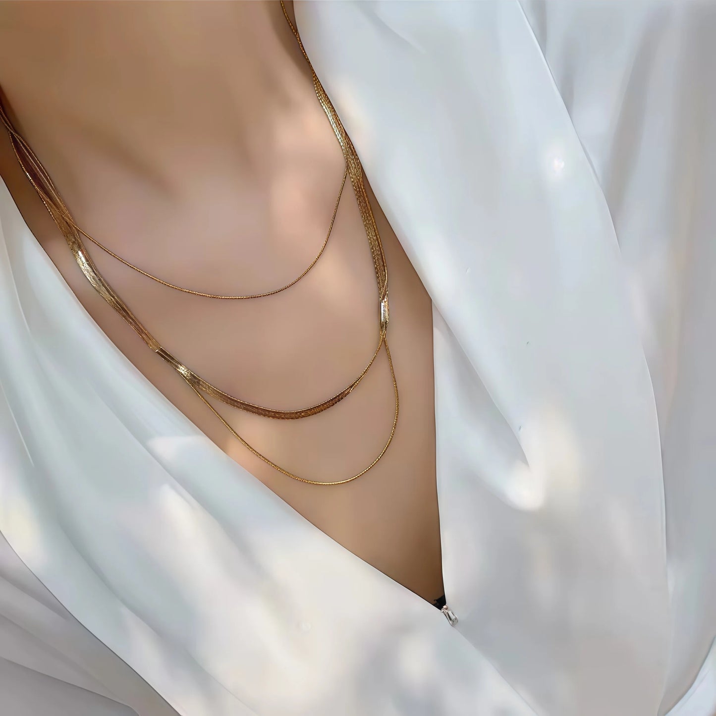 18K Gold Plated Stainless Steel Flat Snake Herringbone Layering Necklaces For Women Girl Waterproof Layered Chains Jewelry