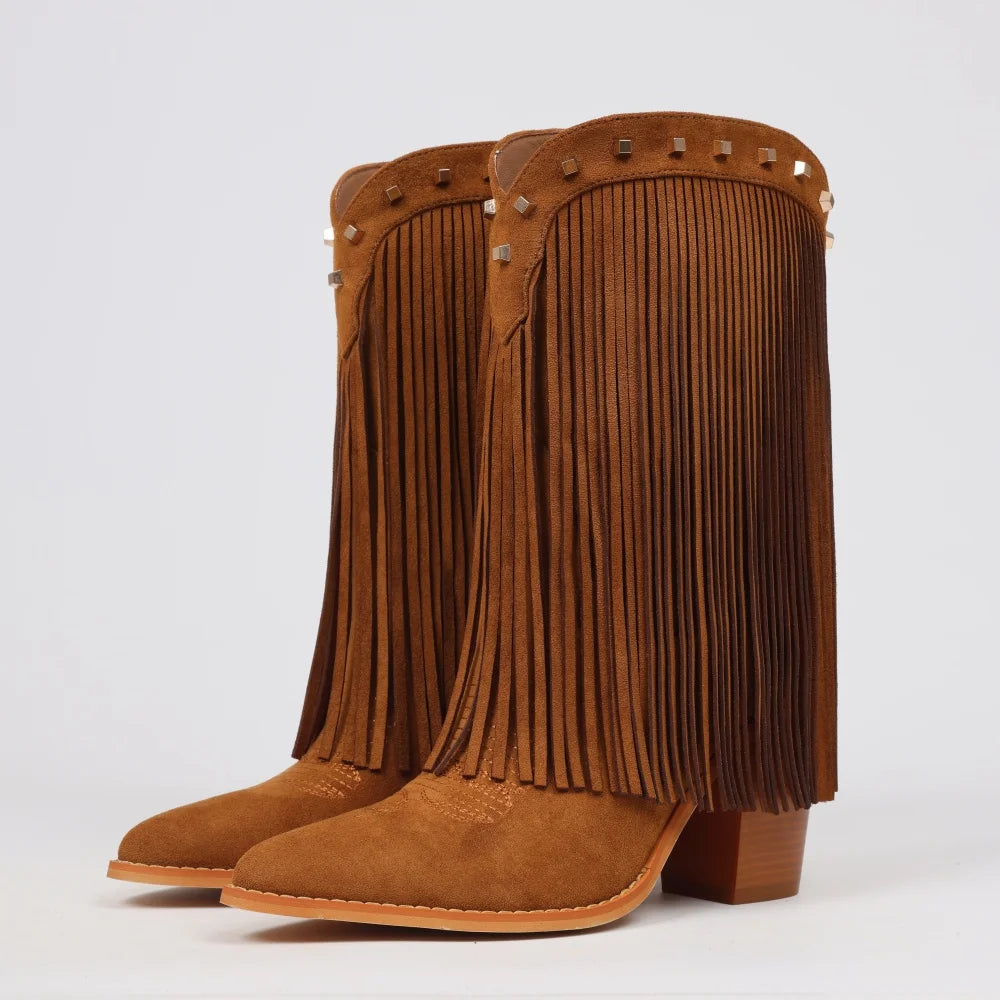 Fringe Cowgirl Boots for Women Mid Calf Riding Cowboy Tassel Boots with Pointed Toe and Chunky Heel Country Retro Boots