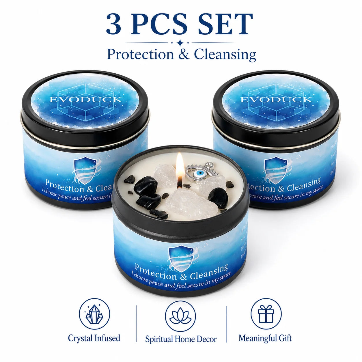 3Pcs Protection & Cleansing Crystal Intention Scented Candle Set, White Sage & Frankincense Scented Soy Candles with Black Tourmaline & Evil Eye Charm, Negative Energy Clearing Aromatherapy Tin Candles, Halloween Witchy House
