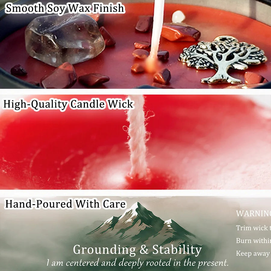 3Pcs Grounding & Stability Crystal Intention Scented Candle Set, Vetiver & Cedarwood Scented Soy Candles with Red Jasper & Smoky Quartz, Root Chakra Anxiety Relief Aromatherapy Tin Candles, Forest Woodsy Fall Autumn Housewarm