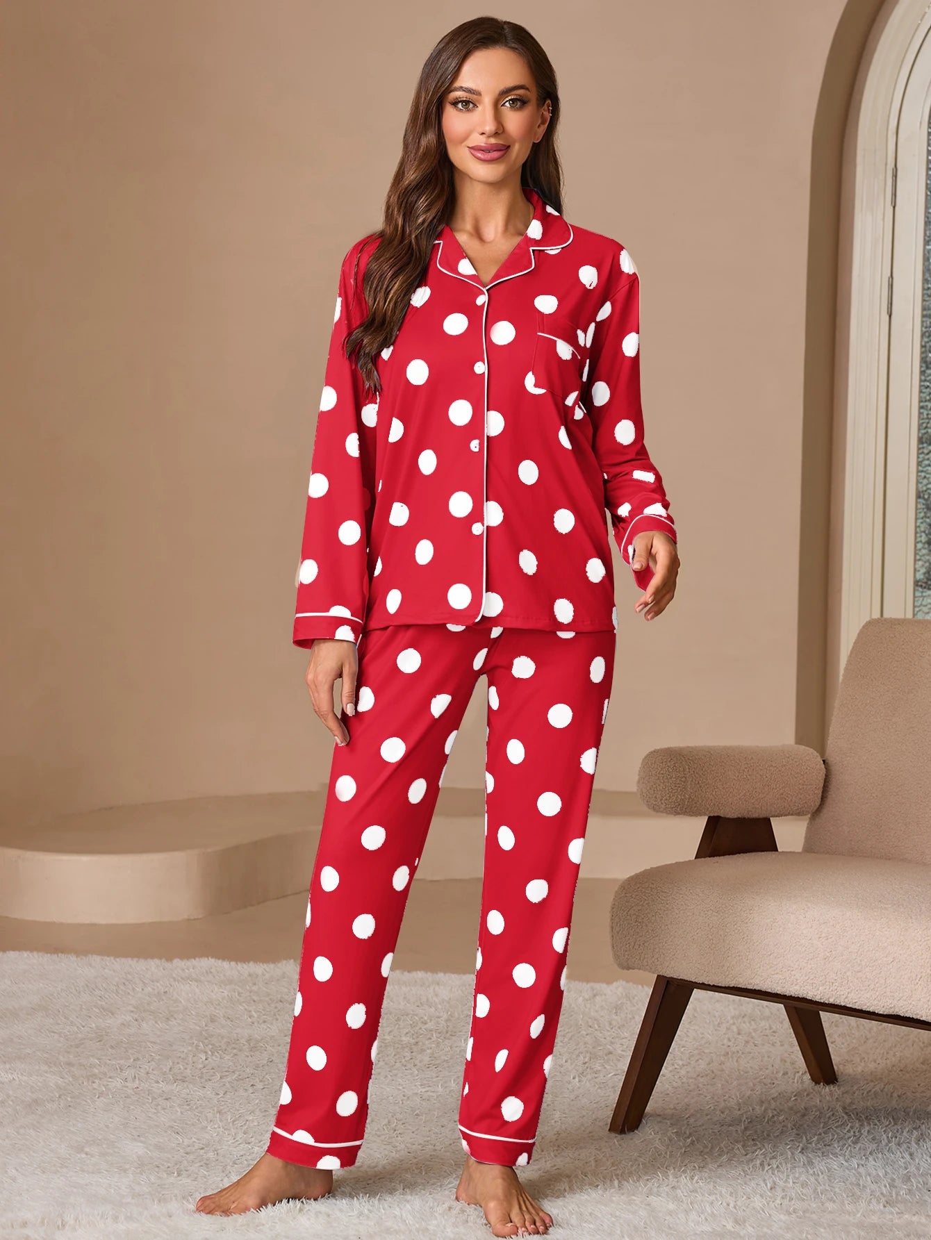 2PCS Womens Spot Print Pajama Sets Pj Set Cute Long Sleeve Button Down Shirt With Long Pants