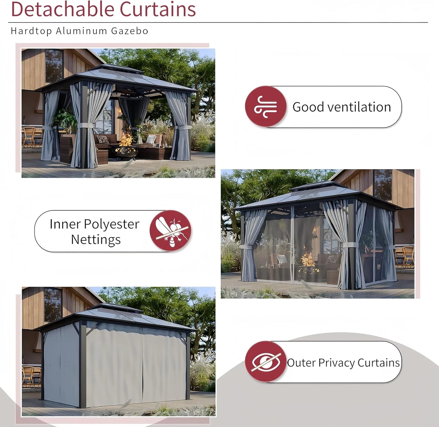 Nordivale 10x12FT Hardtop Gazebo Permanent Aluminum Frame Pavilion with Curtains and Netting Polycarbonate Double Roof Outdoor Canopy for Patio Garden Lawn