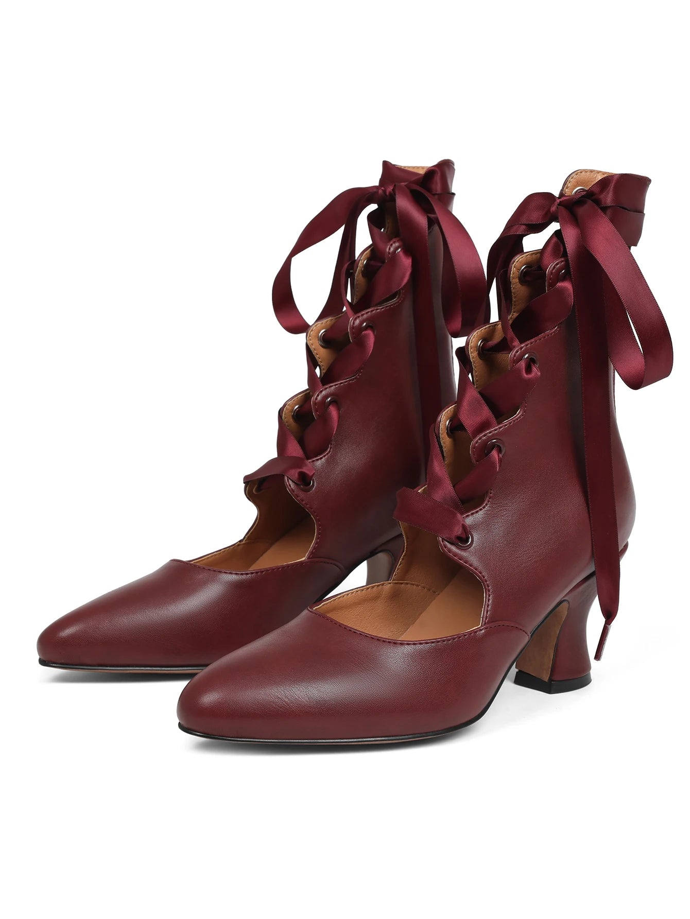 Gothic Lace Up High Heels For Women Satin Ribbon Vintage Heels Elegant Mid Heel Pumps Kitten Heel Back Zipper Pointed Toe For Party