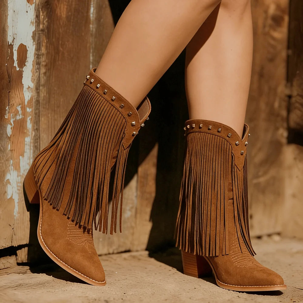 Fringe Cowgirl Boots for Women Mid Calf Riding Cowboy Tassel Boots with Pointed Toe and Chunky Heel Country Retro Boots